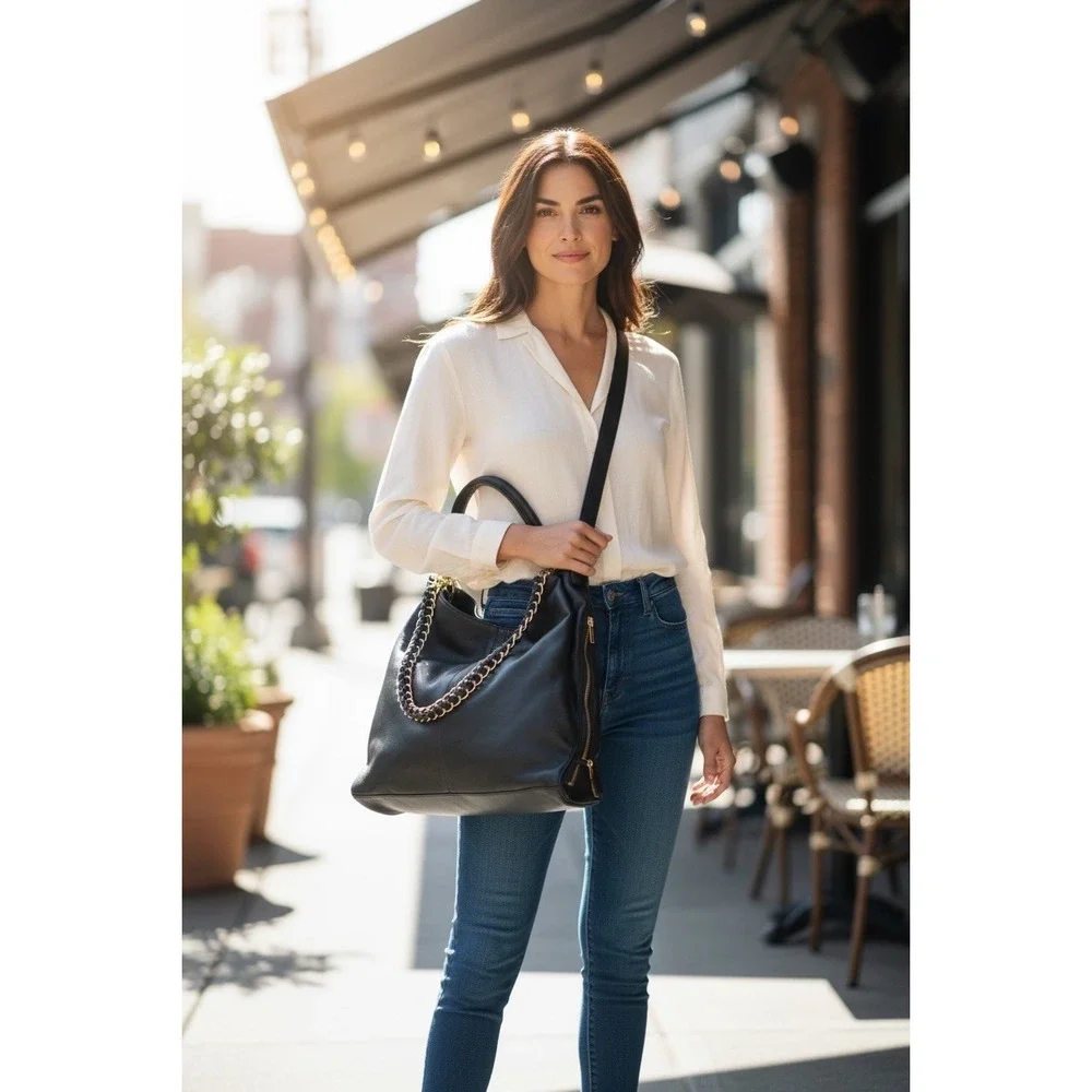 Charming Charlie‎ Hobo Slouch Vegan Leather Bag Grey Handles And Chain Strap